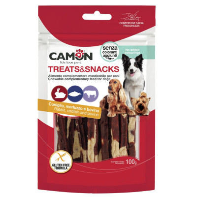 Treats&Snacks Dog - pásiky z králika, tresky a hovädzej kože 100g